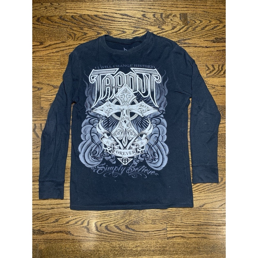 Vintage Tapout Shirt‎ Mens M Black Waffle Knit Thermal Grunge Y2K Cyber Cross